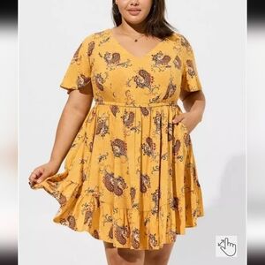 Torrid Size 3 Mustard Paisley Boho Skater Dress Lace Up Back